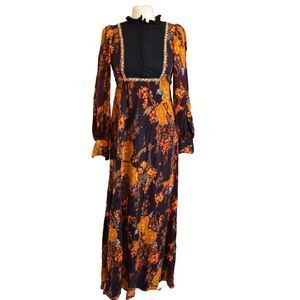 Vintage Maxi Dress Embroidery Dark Romantic Floral Ruffle Collar Empire 70s S-M